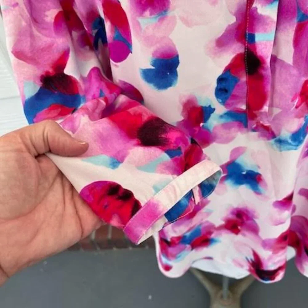 NYDJ White Blouse with Pink and Blue Watercolor Floral Print - Picture 2 of 8